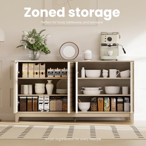 COLAMY Fluted Sideboard Cabinet with Storage – Solid Wood Buffet for Dining Room, Credenza Console with Adjustable Shelves, Walnut Finish, Mid Century Modern Style,Oak White COLAMY