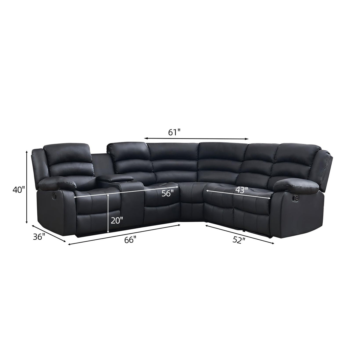 EBELLO Faux Leather L-Shaped Reclining Sectional Sofa Couch, Manual Recliner Sofa, with Cup Holders, Storage Space, a Convertible Backrest 5 Seats Home Furniture Set for Living Room, Black EBELLO