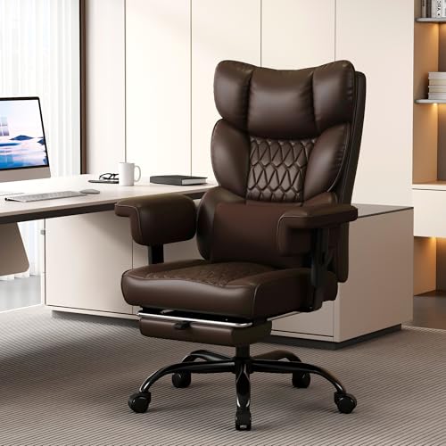 Misolant Big and Tall Office Chair with Footrest, High Back Executive Desk Chair with Adjustable Lift Armrest, 155°Recline,Lumbar Support Pillow, Faux Leather Gaming Chairs for Home or Office Brown Misolant