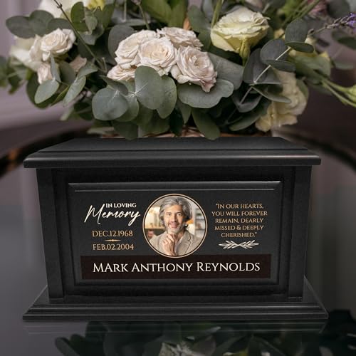 Personalized Solid Wood Human Urns for Ashes 250lbs, Custom Urn Box for Human Ashes, Large Burial and Cremation Urns for Ashes, Black Wood Color (Design 4) Basic Fundamentals