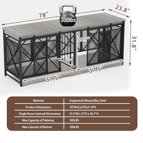 COZPAW 78 Inch Double Dog Crate Furniture, Extra Large Dog Kennel Indoor for Medium Large 2 Dogs, Heavy Duty Dog Cage Chew-Resistant Steel and Wooden Pet House with Removable Divider (Grey) COZPAW