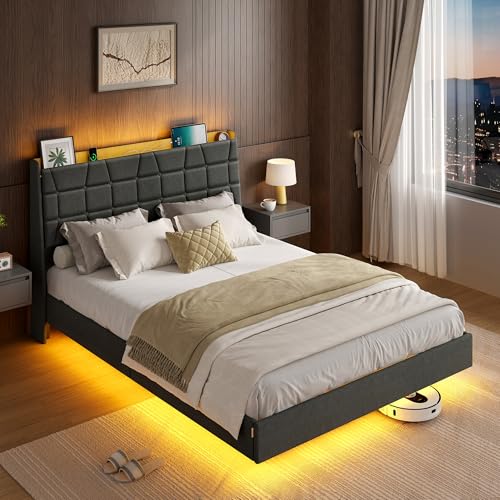 VASAGLE Full Size Floating Bed Frame with LED Lights, Upholstered Full Bed Frame with Charging Station, Tufted Storage Headboard, Noise-Free, No Box Spring Needed, Dark Gray URMB852G71V1 VASAGLE