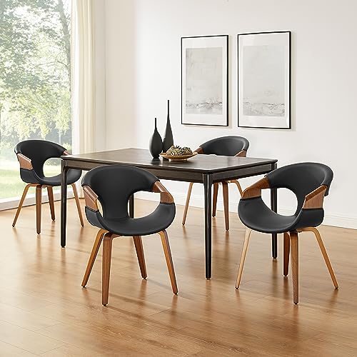Art Leon Desk Chair No Wheels - Mid Century Modern Chair, Faux Leather Upholstered Office Chair with Wood Legs for Living Room Bedroom, Walnut Bentwood, Black Art Leon