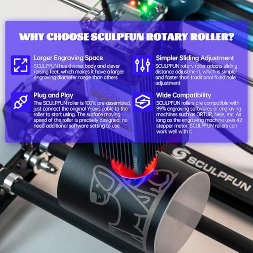 SCULPFUN Laser Engraver Rotary Roller - 360° Y-axis Module for Cylindrical Objects, Cans, Tumbler - Compatible With Most Engraving Machines SCULPFUN