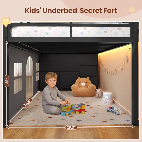 ADORNEVE Low Loft Bed Twin Size with Tent, 5 Storage Drawers, LED Lights, Metal Kids Loft Bed with Bookcase & Under-Bed Play Space,Twin Loft Beds with 13.8''H Safety Guardrail,Inclined Ladder, Black ADORNEVE