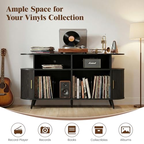 55” Mid Century Record Player Stand, Round Record Storage Cabinet with Charging Station, Turntable Stand Holds up to 300+ Albums, Large Vinyl Record Player Shelf for Media Stereo Audio, Black Quelthar