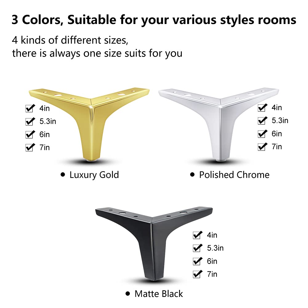 GOSCHE 4 Inch Metal Furniture Legs Black, Legs for Furniture Set of 4, Modern Style Replacement Couch Legs for Dresser Chair Bed Cabinet Table Ottoman Cupboard DIY Replacement Sofa Feet GOSCHE