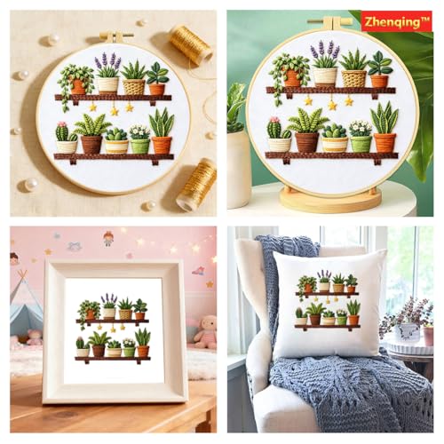 Zhenqing Plant Shelf Embroidery Kit for Beginners, Pre-Printed 29x29cm Circular Cotton Fabric with 20cm Hoop, Cozy Indoor Garden Design for Home Decor (JC0016)