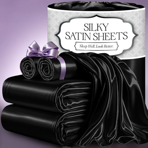 DECOLURE Satin Bed Sheets - 4 Piece Luxury Silky Full Size Bedding Set - Softer Than Silk, Wrinkle-Free with 15” Deep Pocket Fitted Sheet, Perfect for Hair & Skin, Gifts for Women (Black) DECOLURE