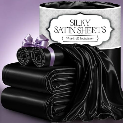 DECOLURE Satin Bed Sheets - 4 Piece Luxury Silky Full Size Bedding Set - Softer Than Silk, Wrinkle-Free with 15” Deep Pocket Fitted Sheet, Perfect for Hair & Skin, Gifts for Women (Black)