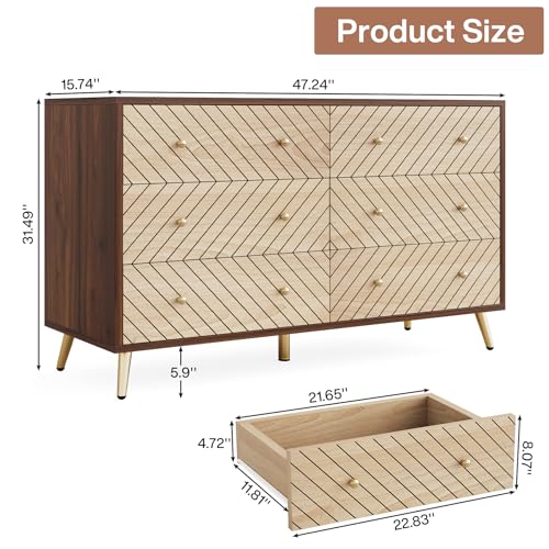 Tribesigns 47-Inch Dresser for Bedroom with 6 Drawers, Double Wide Chest of Drawers with Gold Legs, Wood and Metal Storage Dresser for Closet, 6-Drawer Dressers Cabinet (Dark Brown+Natural) Tribesigns