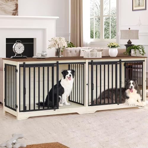 Hzuaneri 78" Dog Crate Furniture for 2 Dogs, Double Dog Cage with Divider, Wooden Heavy Duty Dogs Kennel, Pet Cage with Barn Door, TV Stand for Large Small Medium Dogs, White Brown DFC83714BV1 Hzuaneri