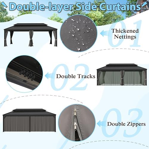 Yardenaler 14x20 FT Hardtop Gazebo Canopy with Double Galvanized Steel Roof, Permanent Outdoor Pavilion with Curtain & Mesh Netting for Patio. Garden, Backyard, Black Yardenaler