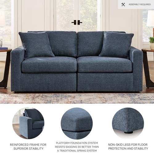 Signature Design by Ashley Modmax Contemporary Modular Stain Resistant 2-Piece Loveseat with Removable Covers and 2 Accent Pillows, Blue Signature Design by Ashley