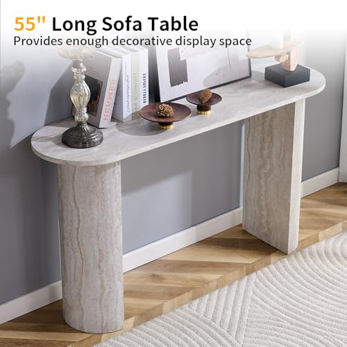 BFJDM 55" Faux Travertine Stone Console Table for Entryway, Sofa Entrance Table with Faux Mars Marble Pattern, Modern Sofa Tables with Rounded Curved Edges for Living Room, Hallway, Foyer, Beige BFJDM