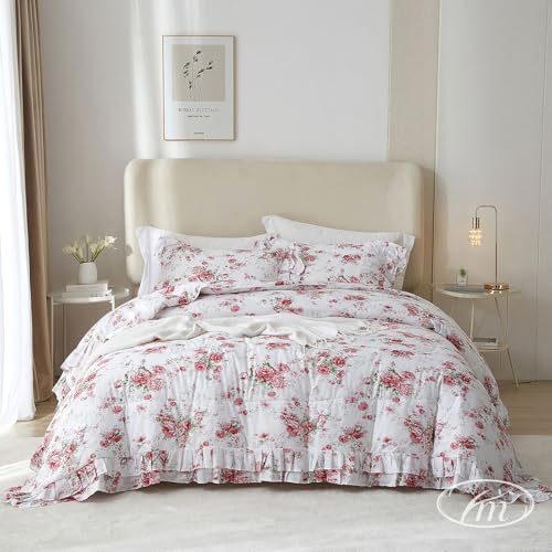VM VOUGEMARKET Ruffle Comforter Set Twin XL Red Rose Flower Comforter Romantic Floral Bedding Set Soft Microfiber Botanical Bedding Comforter Set 1 Flower Ruffled Comforter with 2 Pillowcases VM VOUGEMARKET