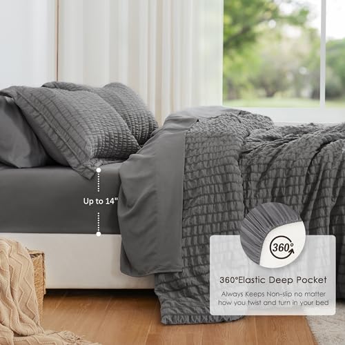Love's cabin Seersucker Dark Grey King Size Comforter Set, 7-Piece All Season Lightweight Bed in a Bag Bedding Set with Comforter, Flat Sheet, Fitted Sheet, Pillowcases and Shams Love's cabin