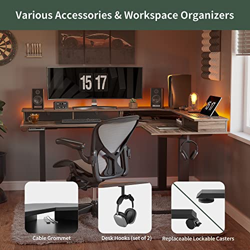 FEZIBO Triple Motor 63" L Shaped Standing Desk with 3 Drawers, Electric Gaming Desk Adjustable Height, Corner Stand up Desk with Splice Board, Black Frame/Black Walnut Top FEZIBO