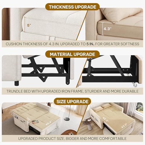 DWVO 55" Convertible Sofa, 3-in-1 Sleeper Sofa with Pull-Out, Velvet Futon Couch with Adjustable Backrest and USB, Modern Loveseat for Living Room Apartment, Light Beige DWVO