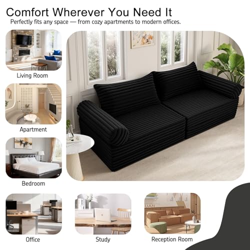 MeMoreCool Convertible Sofa Bed, Folding Floor Couch Bed Queen, Pull Out Sleeper Couch with Pillows, Fold Out Futon Sofa for Bedroom Living Room Small Space, Corduroy Black MeMoreCool