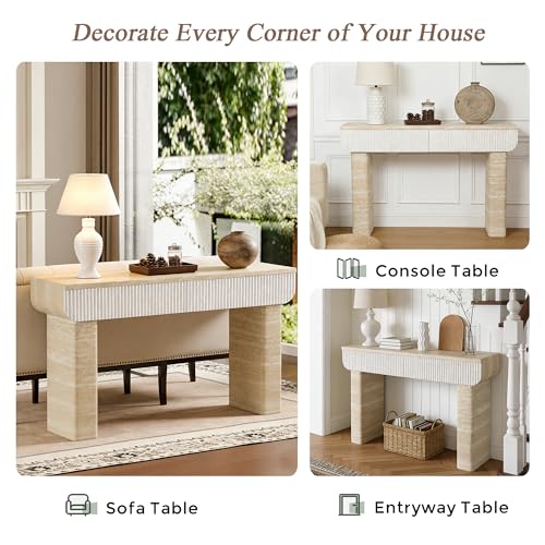 Mcltopz 47.2" Faux Mars Marble Pattern Console Table with 2 Drawers, Skinny Long Sofa Table Behind Couch with Rounded Edges, Wooden Narrow Sofa Table Hall Table for Living Room Foyer Entrance, Marble Mcltopz