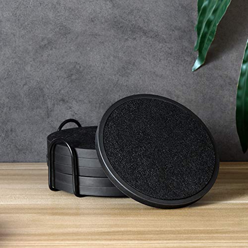 Absorbent Coasters for Drinks with Holder - 6packs, Silicone Coasters with Soft Felt Insert, Black MECOWON