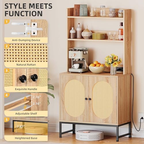 DWVO Oak Microwave Stand Bakers Rack with Power Outlet and Storage Cabinet DWVO