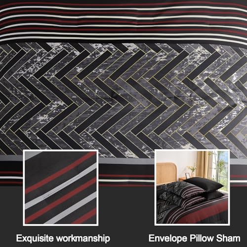 Luxudecor Black and Red Comforter Set Queen Size, 7 Pieces Stripe Geometric Bed in a Bag, Marble Comforter and Sheet Set, Soft Microfiber Complete Bedding Sets for All Seasons Luxudecor