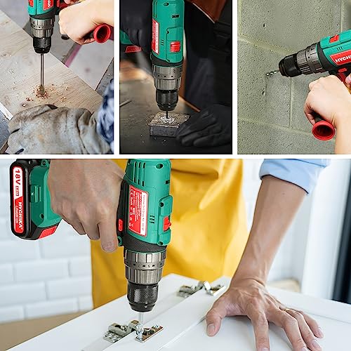 Cordless Hammer Drill Driver 18V, HYCHIKA 400 In-lbs Torque Power Drill with Auxiliary Handle, 1/2” Metal Chuck, 2.0Ah Battery, 1H Fast Charger, 21+3 Clutch, LED Light for Drilling Wood Metal Wall HYCHIKA BETTER TOOLS FOR BETTER LIFE