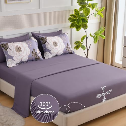 Luxudecor Floral King Comforter Set 7 Pieces Bed in a Bag, White Flower Print on Light Purple Bedding Set, Soft Reversible Comforter with Sheet Set 104"x90" Luxudecor
