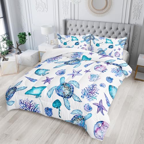 XYNHML Blue Sea Turtle Comforter 3Pcs Ocean Bedding Set Twin Coral Starfish Shell Fish Bedding Set for Kid Teen Girl Boy Adult Bed Decor Conch Manta Ray Quilt with 1 Comforter and 2 Pillowcases XYNHML
