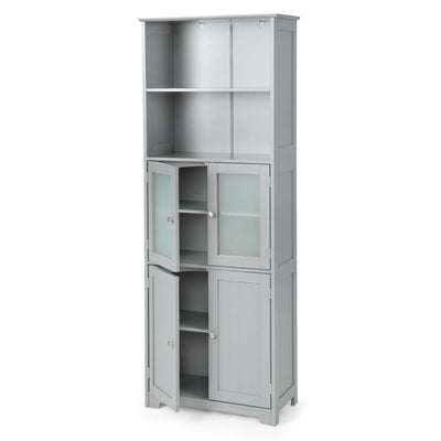 COSTWAY 64” Grey Freestanding Bathroom Storage Cabinet with Glass Doors and Adjustable Shelves