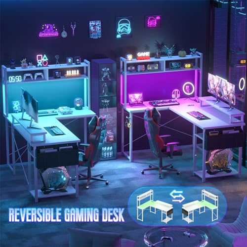Besiost Small L Shaped Desk Gaming Desk with Power Outlets, 48" Reversible L Shaped LED Computer Desk with Monitor Stand & Storage Shelf, Corner Gamer Desk Home Office Desk with Storage Bag, White Besiost