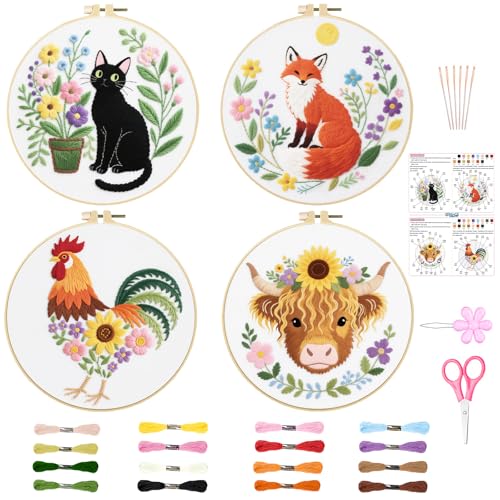 ORIGACH 4 Pcs Flower and Animal Embroidery Kit for Beginners, Stamped Design Embroidery Starter Kit Includes Cloth, Hoops, Threads & Needles
