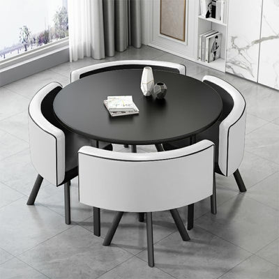 LITFAD Dining Room Table and Chairs for 4 Modern Coffee Table Set with 4 Upholstered Chairs Negotiating Table Set - 5 Piece Set Black Round Table & Black-White Chair(s) 31.5" L x 31.5" W x 29.5" H