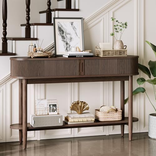 LINSY HOME Fluted Console Table, Mid-Century Modern Entryway Cabinet with Sliding Tambour Doors, Narrow Long Sofa Table, Behind-The-Couch Table for Living Room, Hallway (Brown Oak) LINSY HOME
