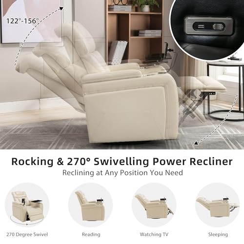 Ball & Cast Power Recliner Chair,270 Degree Swivel PU Leather Home Theater Seating for Living Room,Soft Individual Chair with Tray Table, Phone Holder,Cup Holder,USB Port,Hidden Arm Storage,White