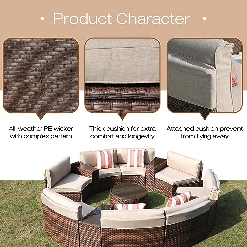 SUNSITT Outdoor Patio Furniture Set 13-Piece Round Sectional Sofa Curved Wicker Sofa with 4 Side Table and Pillows, Brown Rattan & Beige Cushion SUNSITT
