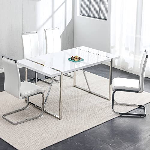 Dining Table Set for 4,White Rectangular MDF Kitchen Table and Leather Dining Chairs Set of 4, 5 Piece Dining Table Set,Modern Metal Frame Dining Room Table Set 4 with Metal Frame For Kitchen Ebullient