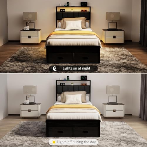 Aelawe Twin Bed Frames with Storage Drawer, Platform Bed with Charging Station and LED Lights, Upholstered Headboard with 2-Tier Storage Shelves, No Box Spring Needed Aelawe