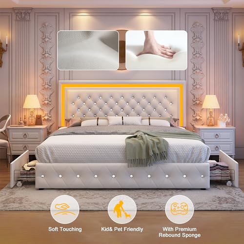 Cream Velvet Queen LED Bed Frame with 4 Storage Drawers and Adjustable Headboard Generic