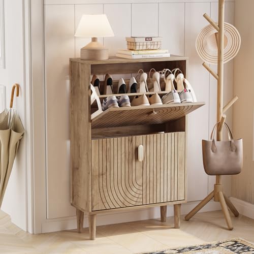 Morwdxef Shoe Cabinet Storage for Entryway with 2 Flip Drawers, Narrow Shoe Cabinet for Entryway, Hidden Slim Shoe Organizer Rack Cabinet (Natural, 23.6" W) Morwdxef