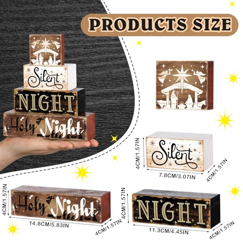 Moucuny 4 Pcs Christmas Nativity Tabletop Decor Nativity Scene Wooden Block Silent Holy Night Sign Christmas Tiered Tray Decor Centerpieces Farmhouse Table Decor for Home Mantle Table Moucuny