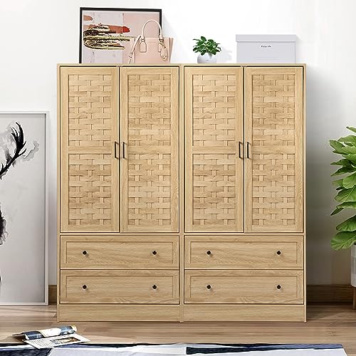 LEVNARY Armoire Wardrobe Closet with 2 Woven Doors, Wardrobe Cabinet with 2 Storage Drawers and Hanging Rail, Freestanding Wooden Closet for Bedroom (Natural) LEVNARY