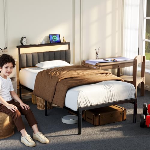 Woanke Twin Bed Frame With Headboard Upholstered, Twin Frame with LED & Charging Station, Twin Metal Bed Frame Assemble Easily, Noise-Free Bed Frame Twin, Black Twin Bed Frames for Kids & Adults,Black Woanke