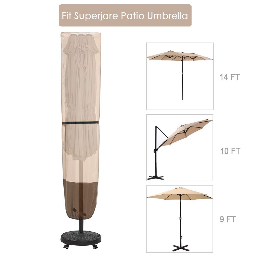 SUPERJARE Patio Umbrella Cover with Rod for 7 to 11 Ft Umbrellas & 15 Ft Double-Sided Umbrellas, 600D Protective Waterproof Cover with Zipper, Beige & Brown SUPERJARE
