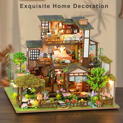 ISSEVE DIY Miniature House Kit, Tiny House Dollhouse Kit for Adults, Mini House Building Kits, Miniature Kit Adult Craft Diorama Kit Home Bookshelf Decoration, Birthday Gifts (Bamboo Spring Courtyard)