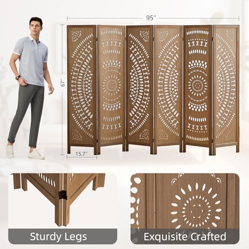 Asnefeli Wood Room Divider Wall and Folding Privacy Screen, 5.6 FT Tall Room Divider 6 Panel, Foldable Divider Panel, Environmentally Friendly Carved Privacy Divider for Home Bedroom Office (Brown) Asnefeli
