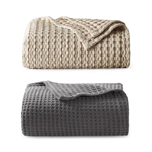 Bedsure Bundle of Cotton Waffle Blanket Taupe and Dark Grey Queen Bedsure
