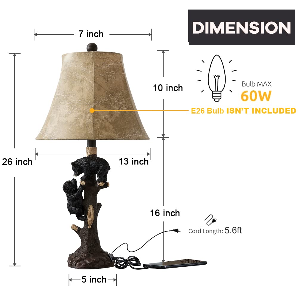 LOKHOM Climbing Bears Rustic Western Table Lamp Set of 2, 26" Rustic Bedside Lamp with USB & TypeC Charging Port, Natural Bears Table Lamp for Bedroom Living Room Foyer Office Valentine's Day Gift LOKHOM